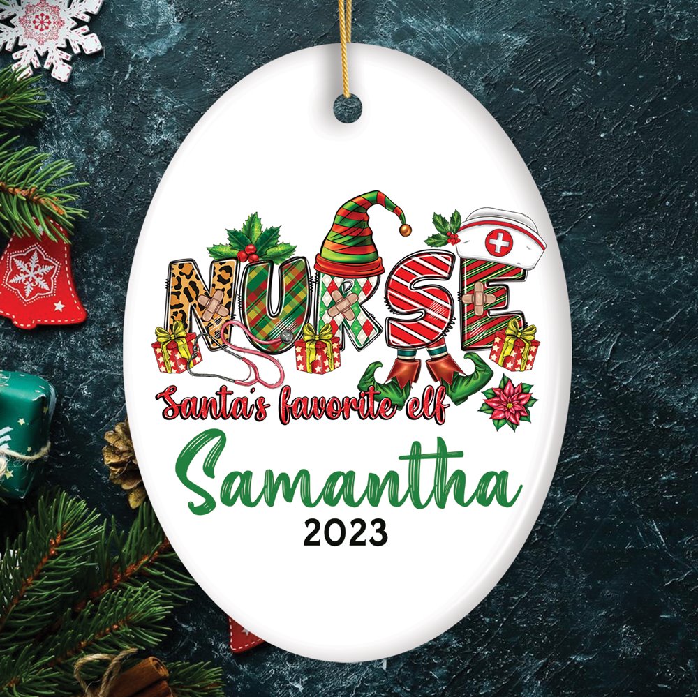 Santa’s Favorite Nurse Elf Personalized Christmas Ornament, Custom Nursing Present Ceramic Ornament OrnamentallyYou Oval 