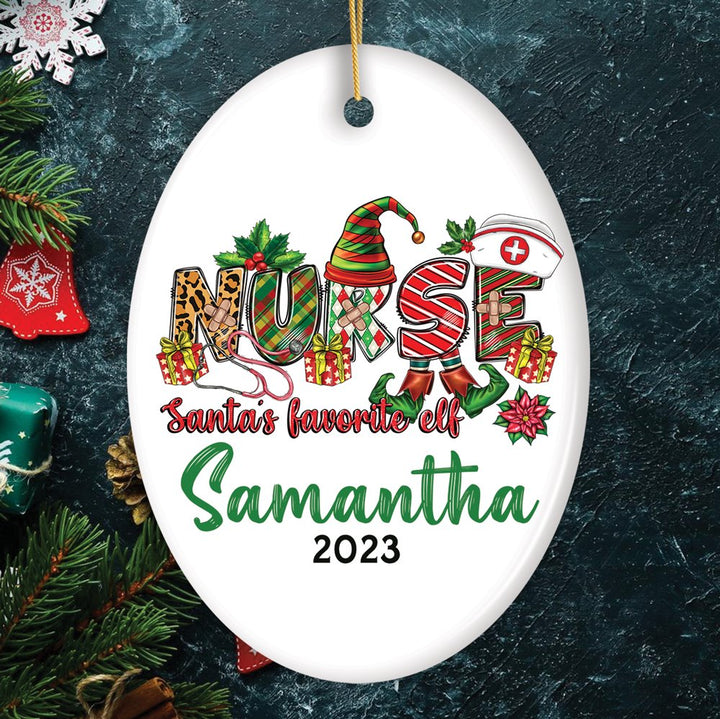 Santa’s Favorite Nurse Elf Personalized Christmas Ornament, Custom Nursing Present Ceramic Ornament OrnamentallyYou Oval 