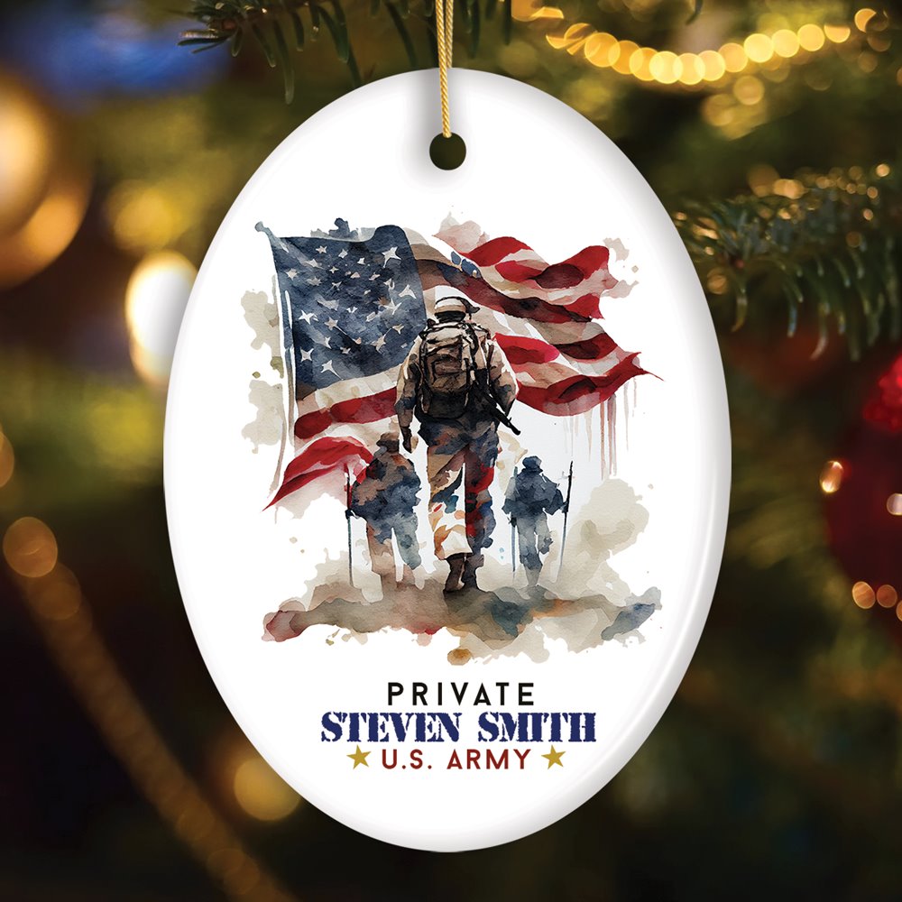 U.S. Army Private Personalized Ornament, Veteran Christmas Decor and Military Gift Ceramic Ornament OrnamentallyYou Oval 