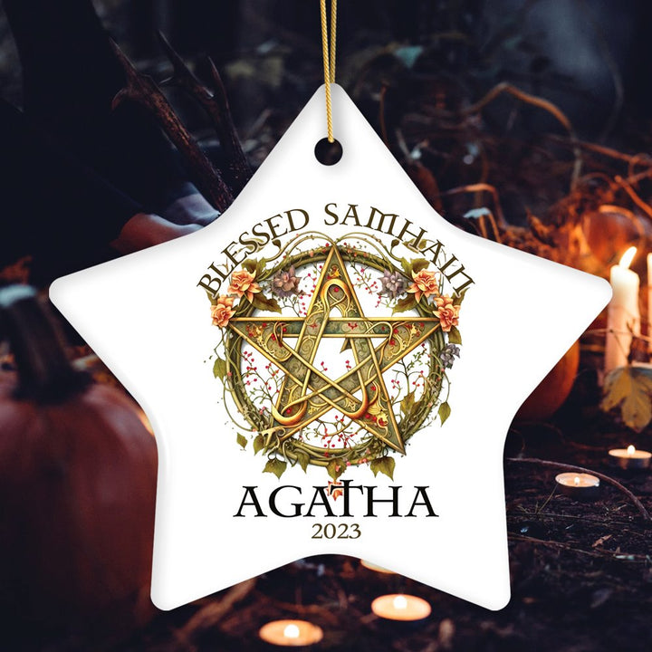 Wiccan Blessed Samhain Personalized Ornament, Witch Sabbat Pentagram Custom Decoration Ceramic Ornament OrnamentallyYou Star 