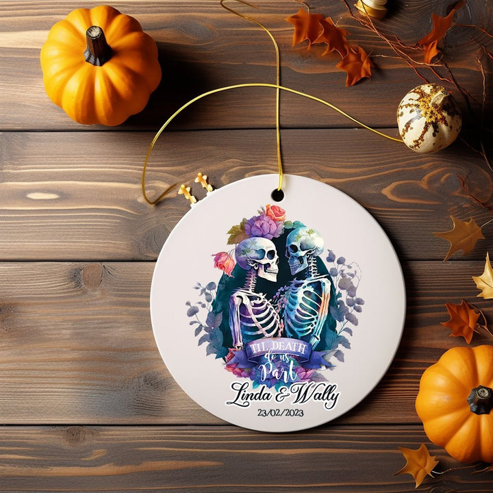 Artistic Watercolor Wedding Personalized Ornament, Til Death Do Us Part Skeleton Love Custom Gift Ceramic Ornament OrnamentallyYou Circle 