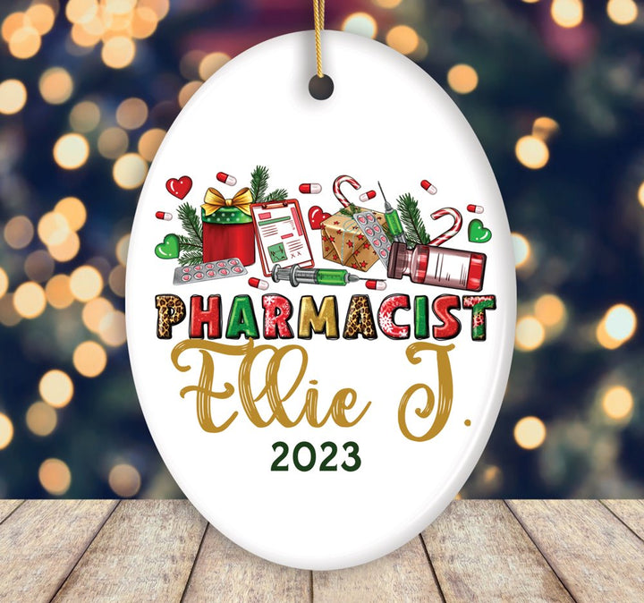Colorful Pharmacist Appreciation Personalized Christmas Ornament, Custom Pharmacy Gift Ceramic Ornament OrnamentallyYou Oval 
