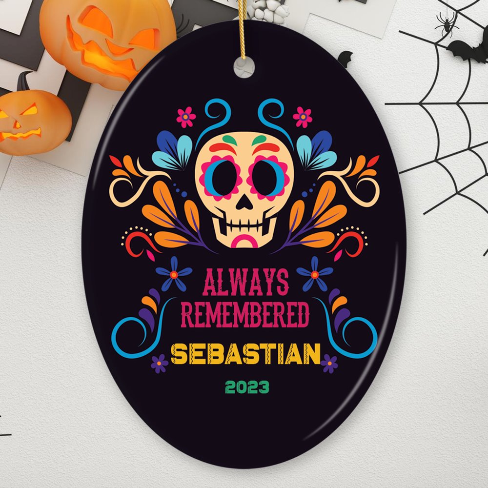 Colorful & Thoughtful Day of the Death Personalized Ornament, Mexican Skull Memorial Keepsake Gif Ceramic Ornament OrnamentallyYou Oval 