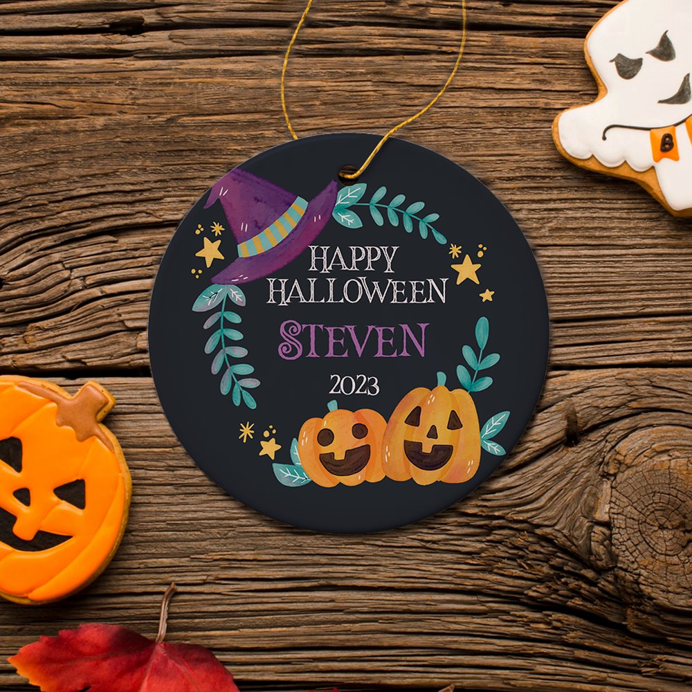 Cute & Colorful Pumpkin Personalized Ornament, Fun Halloween Children Custom Gift Ceramic Ornament OrnamentallyYou Circle 