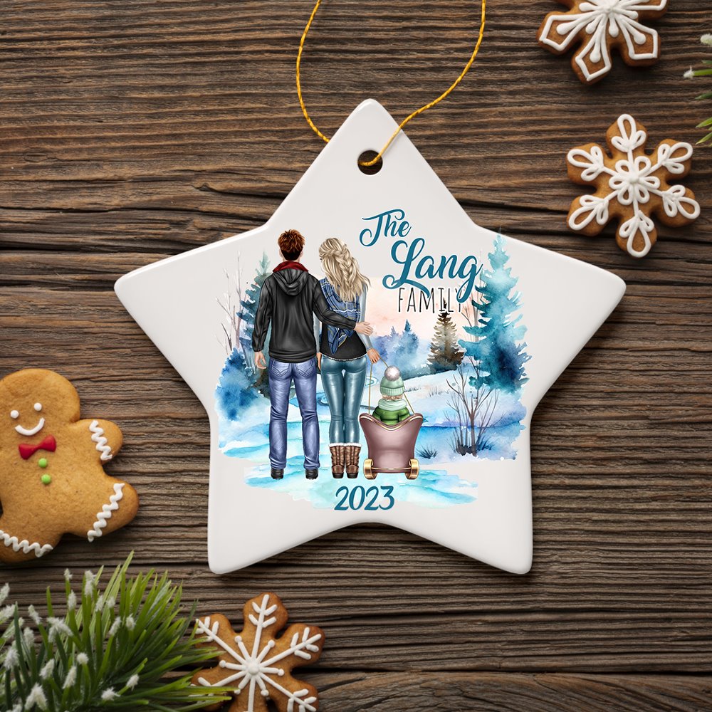 Family of Three Winter Holiday Personalized Gift, Parents & Baby on Sleigh Custom Christmas Ornament Ceramic Ornament OrnamentallyYou Star 