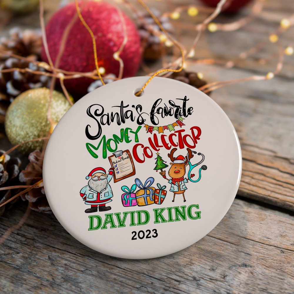Festive Santa’s Favorite Money Collector Personalized Christmas Ornament, Handler and Collections, Finance Specialists Gift Ceramic Ornament OrnamentallyYou Circle 