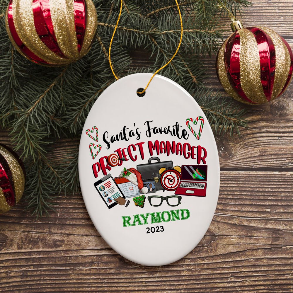 Festive Santa’s Favorite Project Manager Personalized Christmas Ornament, Business Team Coordinator and Leadership Recognition Gift Ceramic Ornament OrnamentallyYou Oval 