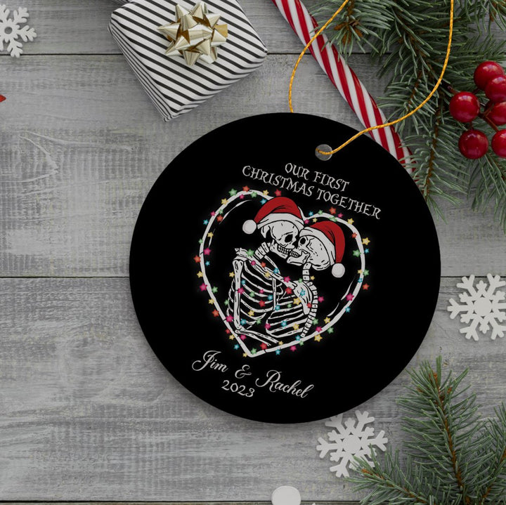 Festive & Fun Skeleton First Christmas Personalized Ornament, Holiday Wedding Keepsake Gift Ceramic Ornament OrnamentallyYou Circle 