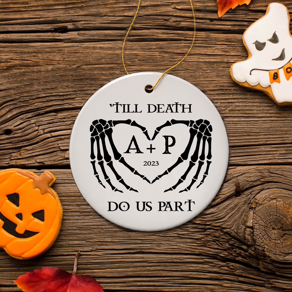 Gothic Skeleton Wedding Personalized Ornament, Til Death Do Us Part Monogram Keepsake Ceramic Ornament OrnamentallyYou Circle 