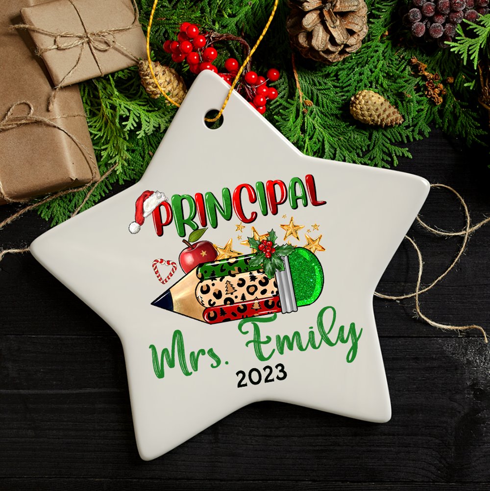 Holiday Pencil Art Personalized School Principal Christmas Ornament Ceramic Ornament OrnamentallyYou Star 