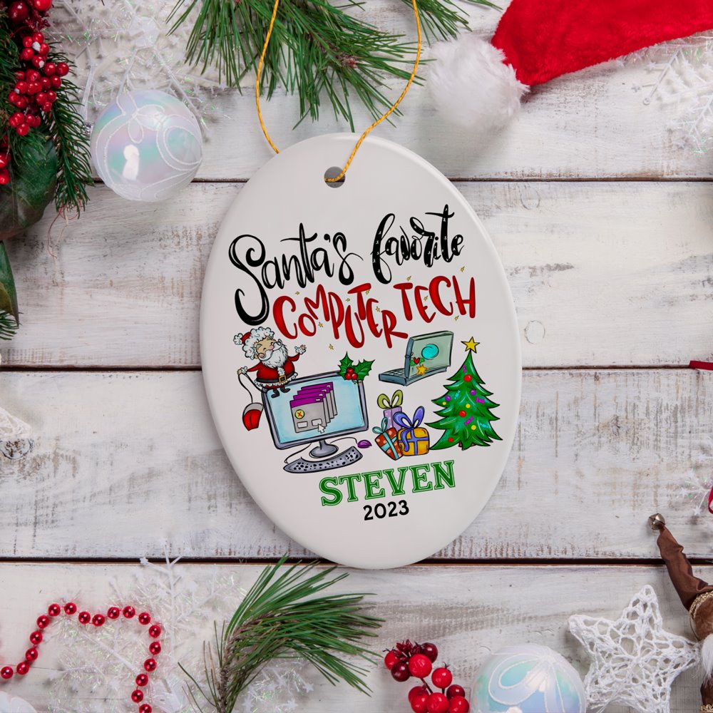 Joyful Santa's Favorite Computer Tech Personalized Ornament, Custom Technology Worker Holiday Gift Ceramic Ornament OrnamentallyYou Oval 