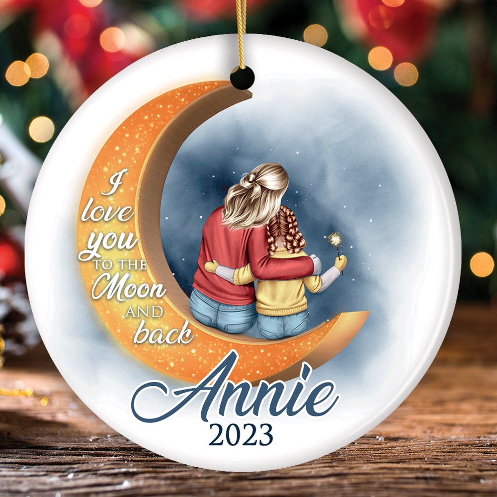Love You To The Moon And Back Personalized Mom and Child Ornament, Thoughful Christmas Gift for Kids Ceramic Ornament OrnamentallyYou Circle 