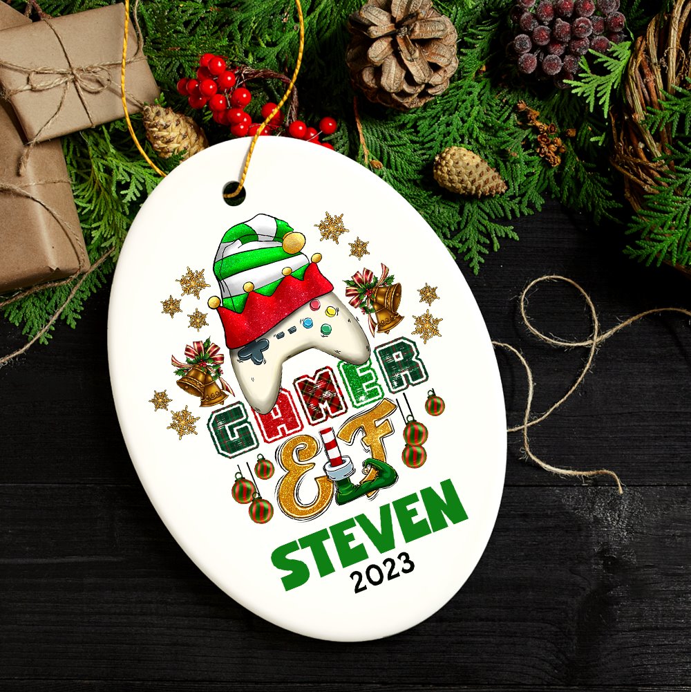 Playful Personalized Video Games Gamer Elf Gift, Customized Christmas Gaming Ornament Ceramic Ornament OrnamentallyYou Oval 