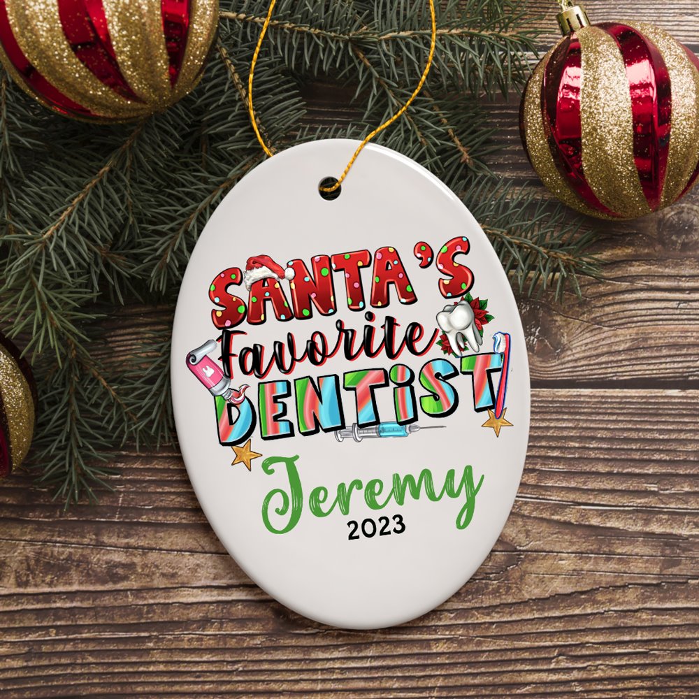 Santa’s Favorite Dentist Personalized Christmas Ornament, Custom Dental Medic Gift Ceramic Ornament OrnamentallyYou Oval 