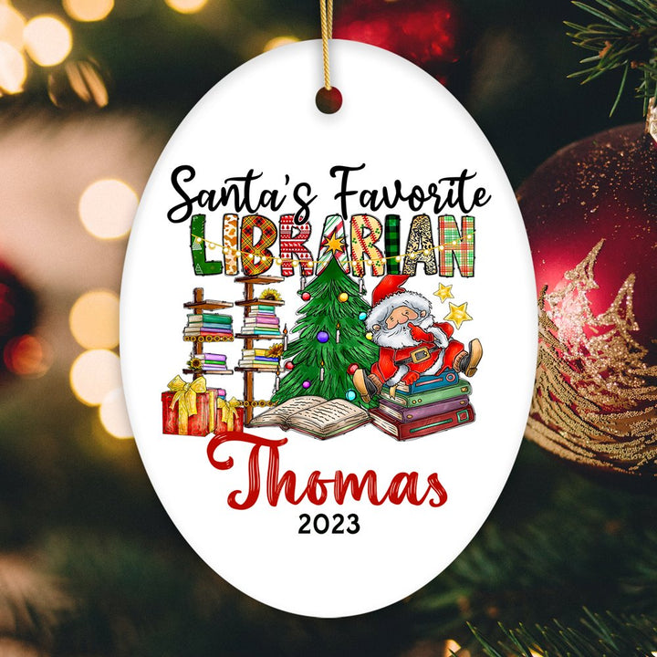 Santa’s Favorite Librarian Custom Christmas Ornament, Personalized Holiday Gift Ceramic Ornament OrnamentallyYou Oval 