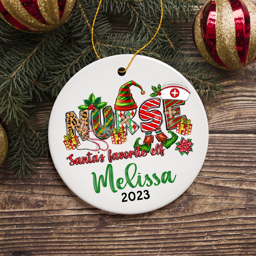 Santa’s Favorite Nurse Elf Personalized Christmas Ornament, Custom Nursing Present Ceramic Ornament OrnamentallyYou Circle 