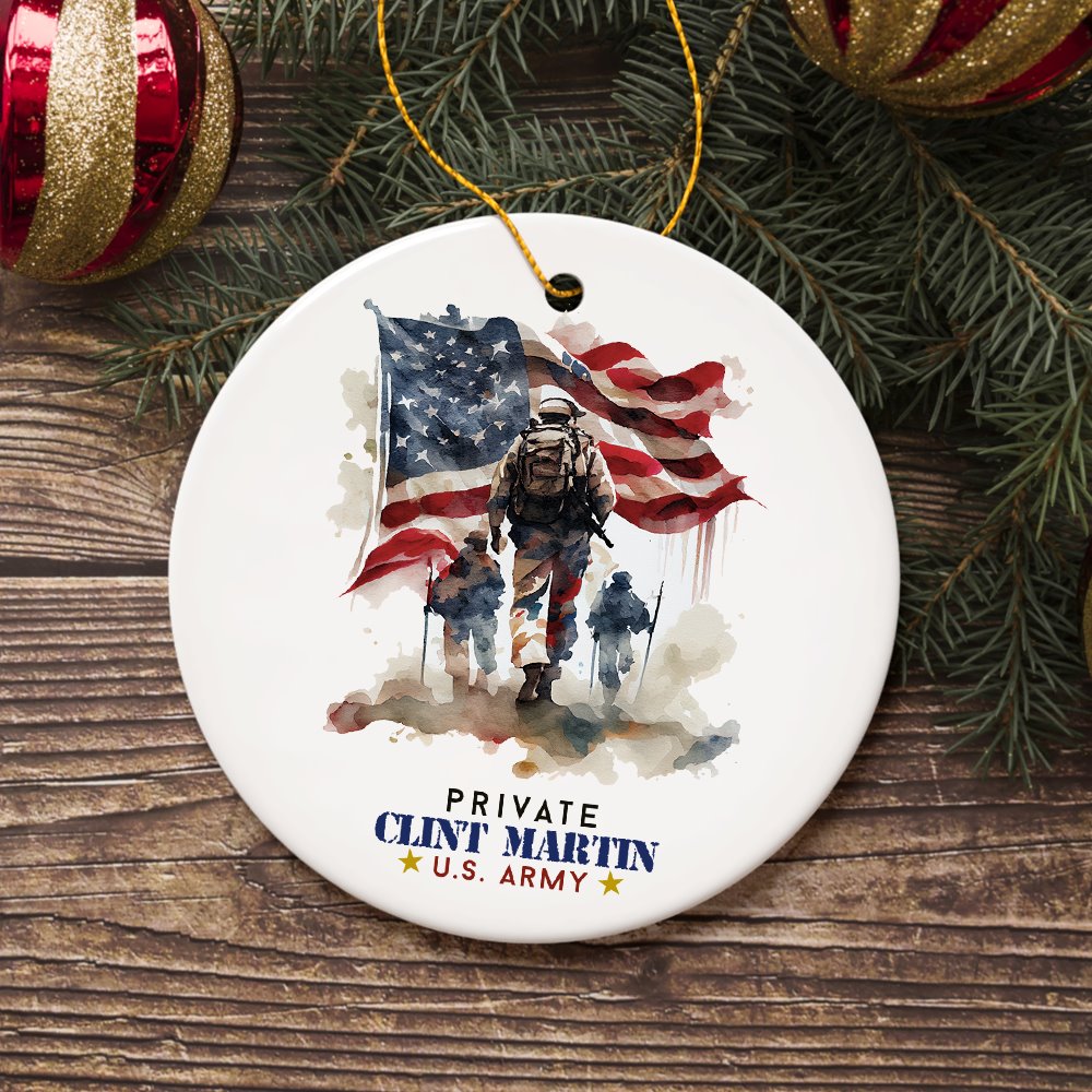 U.S. Army Private Personalized Ornament, Veteran Christmas Decor and Military Gift Ceramic Ornament OrnamentallyYou Circle 