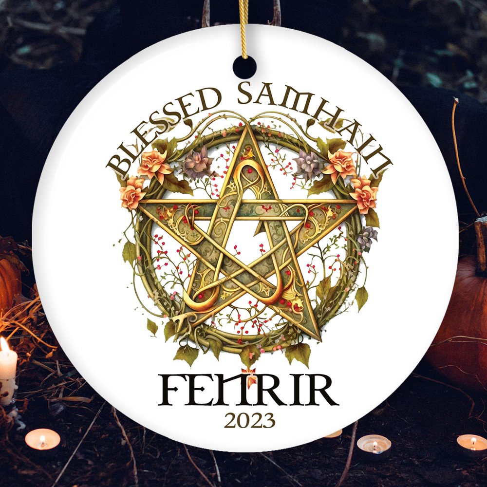 Wiccan Blessed Samhain Personalized Ornament, Witch Sabbat Pentagram Custom Decoration Ceramic Ornament OrnamentallyYou Circle 