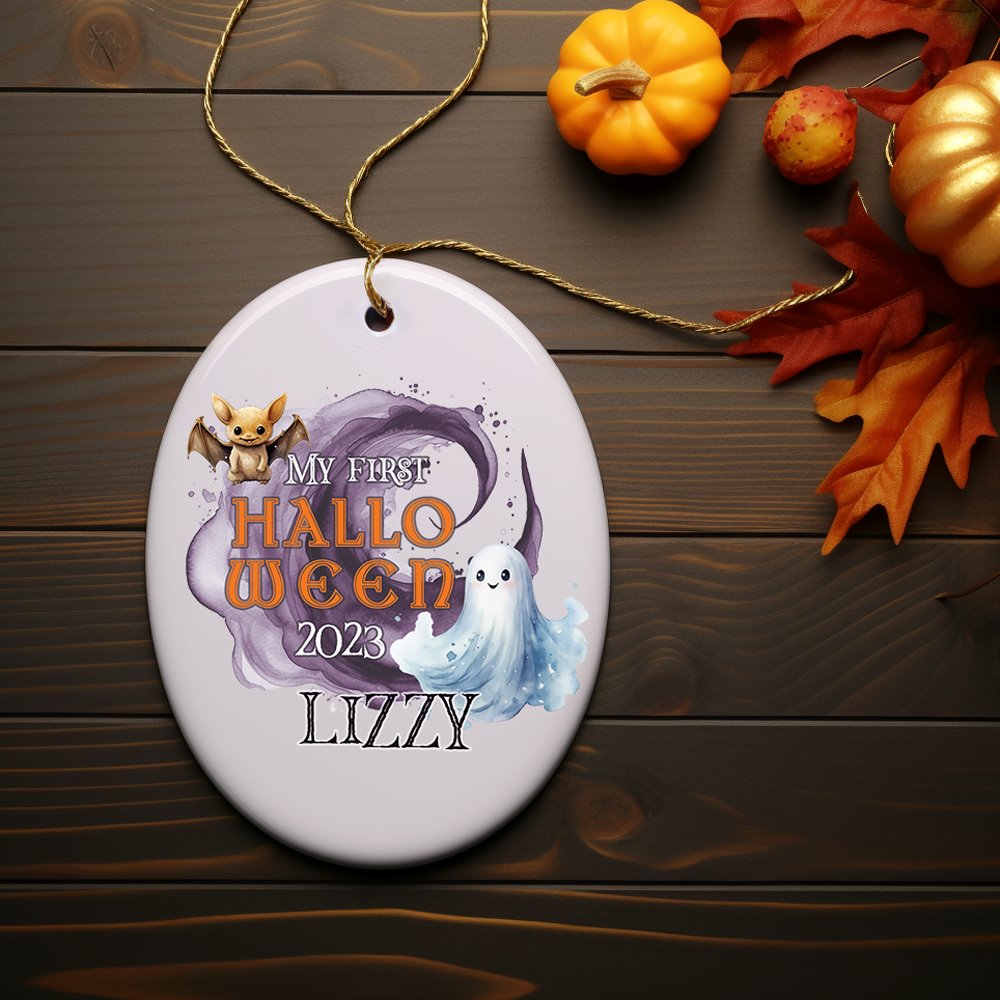 Fun & Spooky First Halloween Personalized Ornament, Cute Ghost Baby Custom Gift Ceramic Ornament OrnamentallyYou Oval 