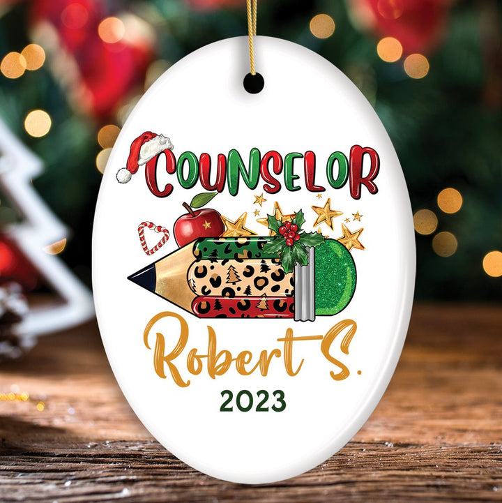 Holiday Pencil Art Personalized School Counselor Christmas Ornament Ceramic Ornament OrnamentallyYou Oval 