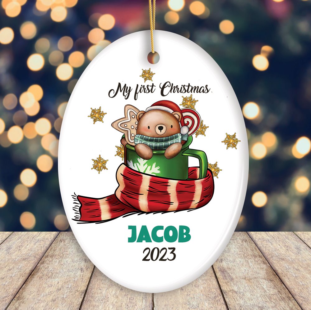My First Christmas Cute Bear in Stocking Ornament, Custom Baby Gift Ceramic Ornament OrnamentallyYou Oval 