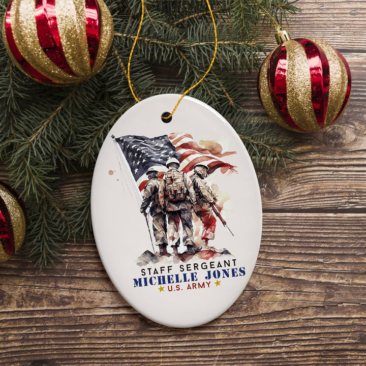 Personalized U.S. Army Staff Sergeant Ornament, Custom Gift for Military Veteran Ceramic Ornament OrnamentallyYou Oval 