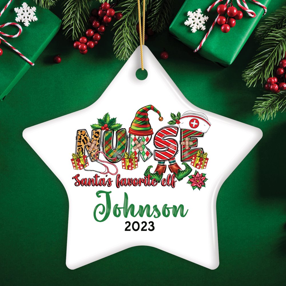 Santa’s Favorite Nurse Elf Personalized Christmas Ornament, Custom Nursing Present Ceramic Ornament OrnamentallyYou Star 
