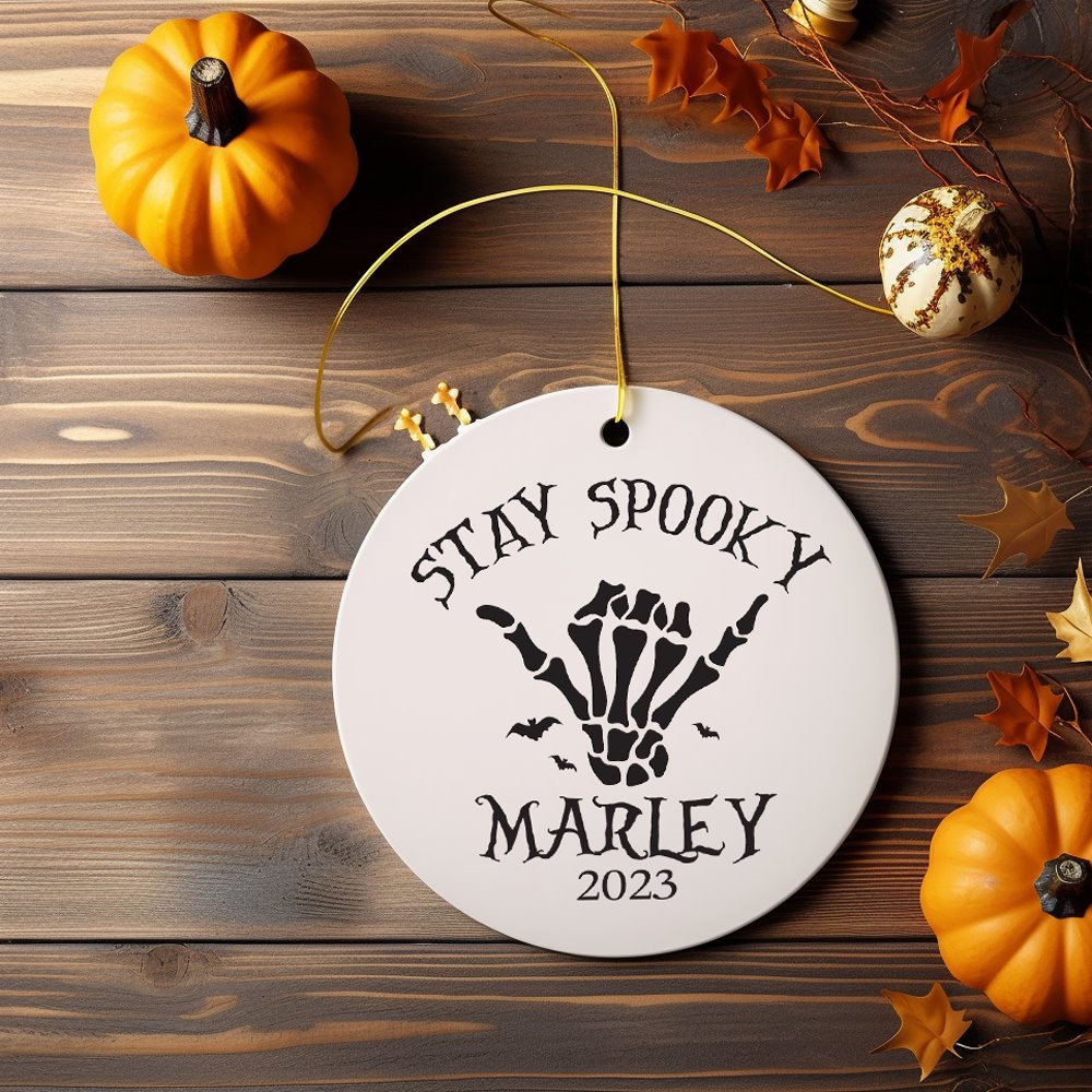 Cool Skeleton Stay Spooky Personalized Ornament, Surfer Halloween Themed Custom Gift Ceramic Ornament OrnamentallyYou Circle 
