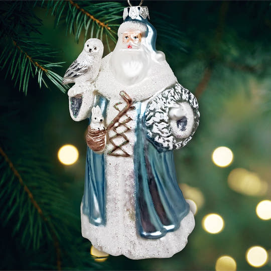 Arctic Whispers Santa Glass Christmas Ornament, Snowy Winter Theme with Light Blue Robe OrnamentallyYou 