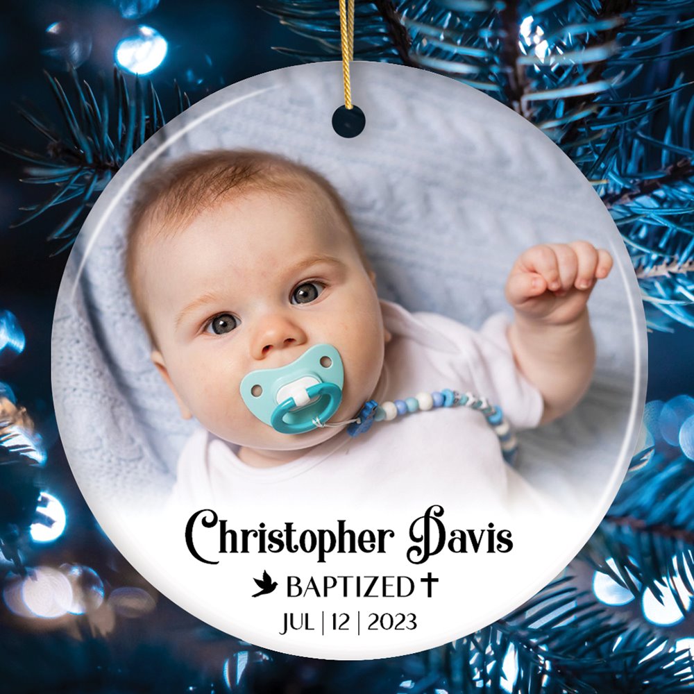 Baby Baptism Personalized Photo Ornament, Christening Keepsake Gift Ceramic Ornament OrnamentallyYou Circle 