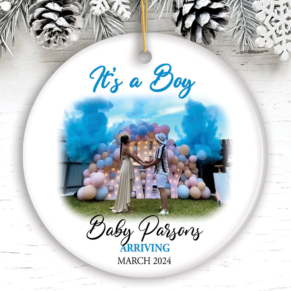 Baby Gender Reveal Personalized Photo Ornament, It’s a Boy or Girl Announcement, Small Baby Shower Gift Ceramic Ornament OrnamentallyYou Circle 