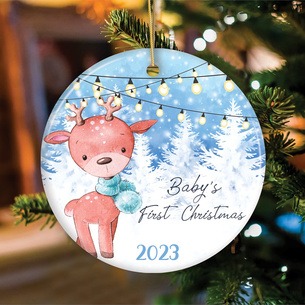 Baby's First Christmas Reindeer Girl and Boy Christmas Ornament Ceramic Ornament OrnamentallyYou Circle Male 