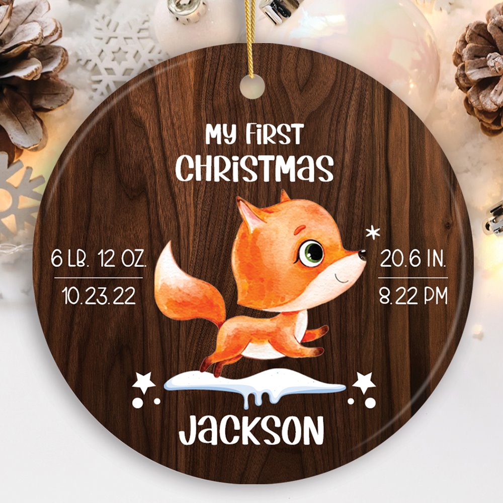 Baby’s First Christmas Ornament Fox Theme with Date, Time, and Weight Ceramic Ornament OrnamentallyYou Circle 