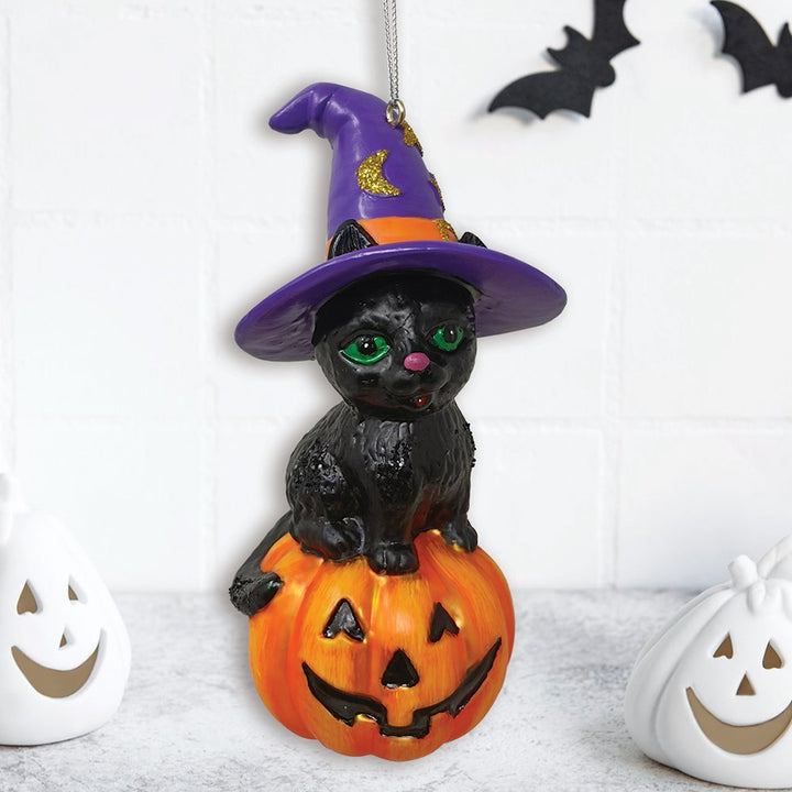 Black Cat on Pumpkin Spooky Glass Christmas Ornament, Witch Hat Halloween Theme Glass Ornament OrnamentallyYou 
