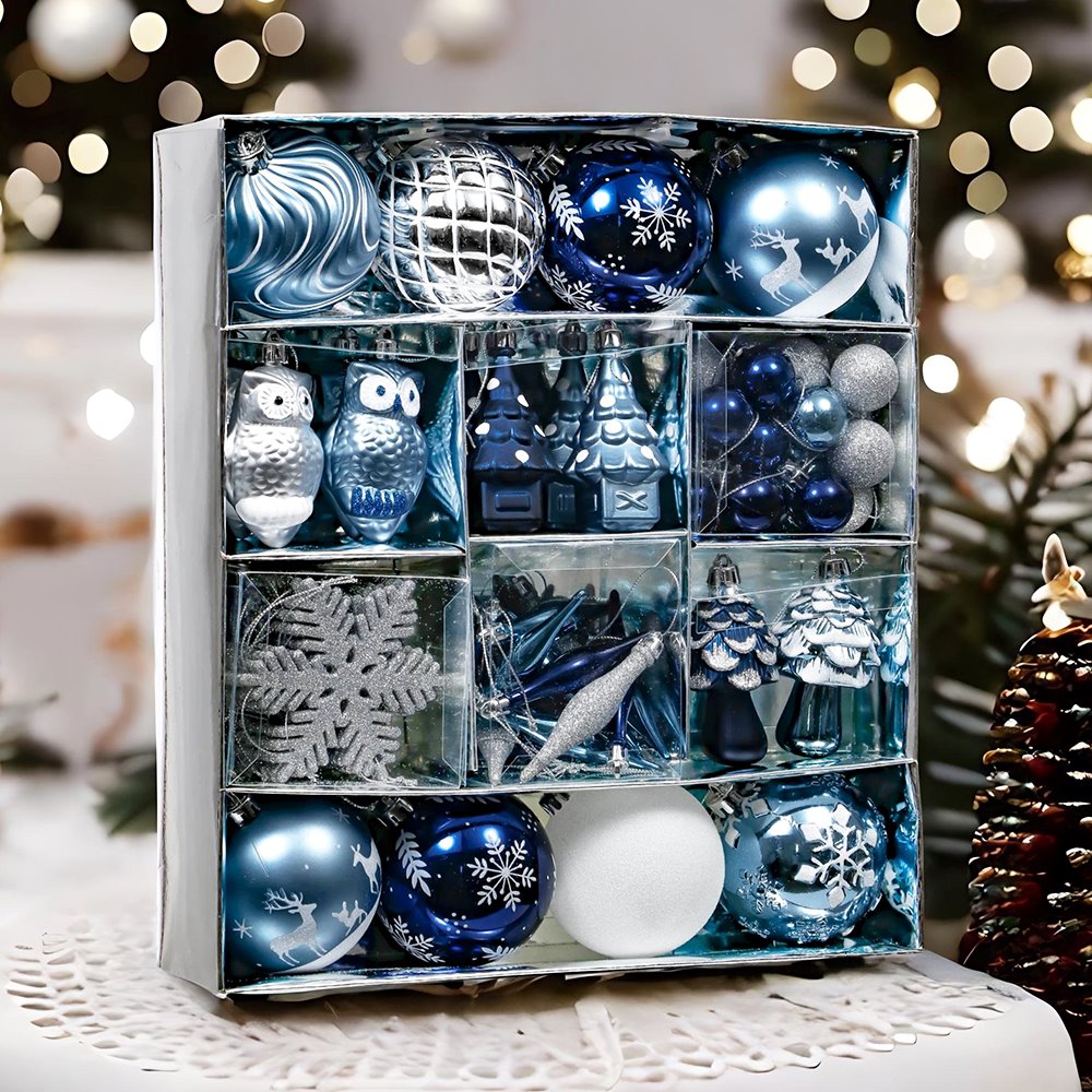 Blue and Silver Ornament Bundle Set, Owls and Glittery Winter Tree 80 Piece Set Ornament Bundle OrnamentallyYou 