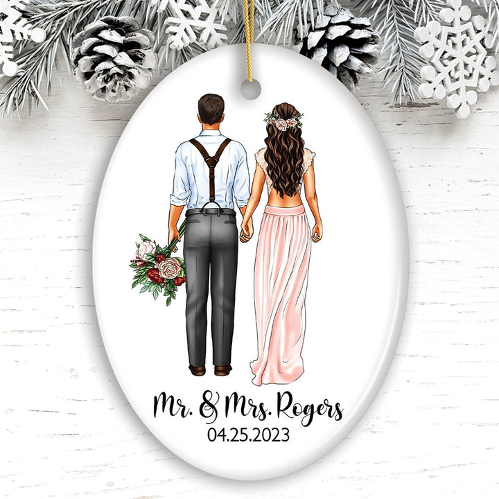 Boho Wedding Customized Ornament Featuring Bride and Groom’s New Last Name and Date Ceramic Ornament OrnamentallyYou Oval 
