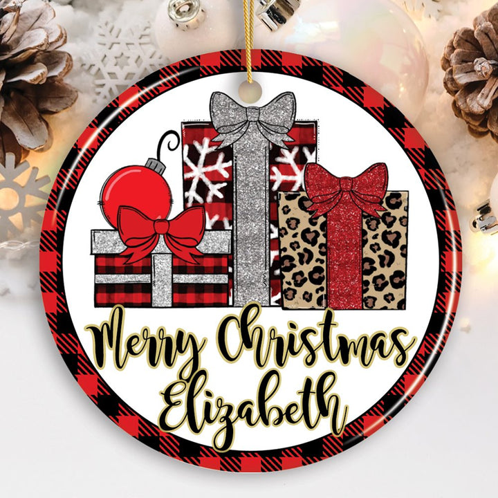 Buffalo Plaid Personalized Name Christmas Ornament, Family Gift Ceramic Ornament OrnamentallyYou Circle 