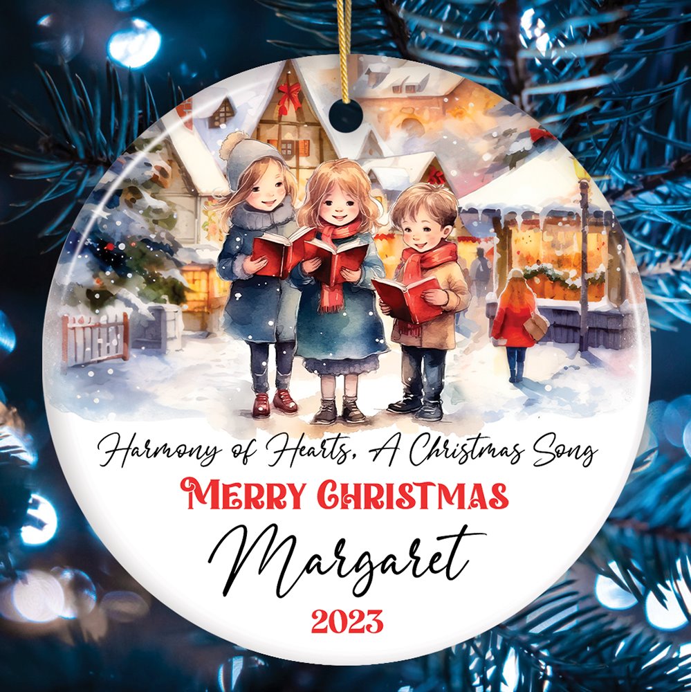 Caroling Children Personalized Ornament, Watercolor Christmas Charming Vintage Artwork Ceramic Ornament OrnamentallyYou Circle 