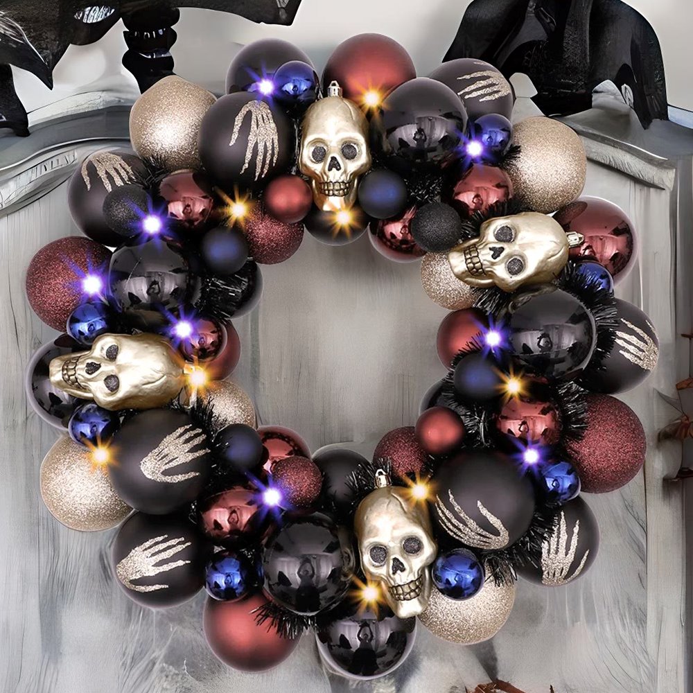 Creep and Glitter Spooky Wreath with Skeleton Skull Baubles, Black, Maroon and Gold Colors with Shiny Glitter Wreath OrnamentallyYou 