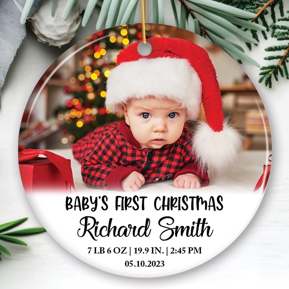 Custom Photo Baby’s First Christmas Tree Ornament, Newborn Size and Weight Ceramic Ornament OrnamentallyYou Circle 