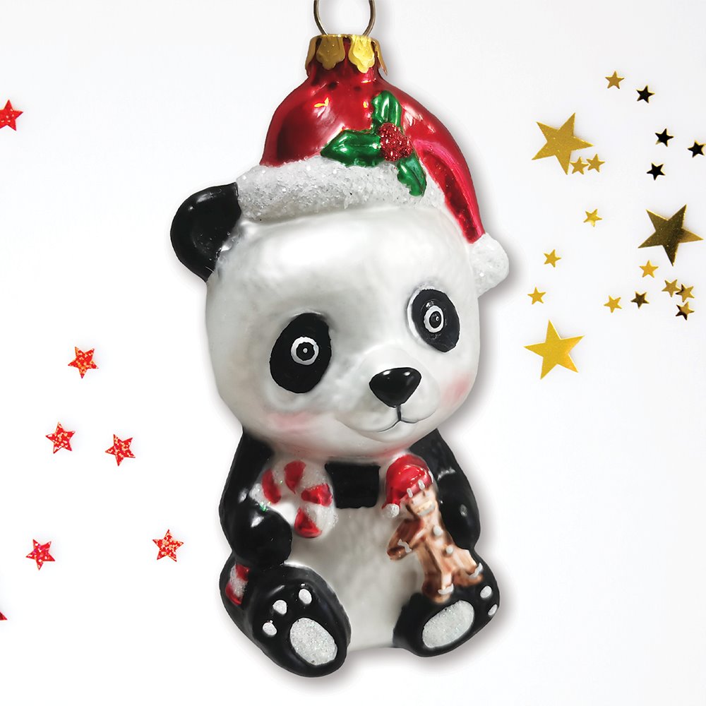 Cute Panda with Santa Hat and Gift Blown Glass Christmas Ornament Glass Ornament OrnamentallyYou 