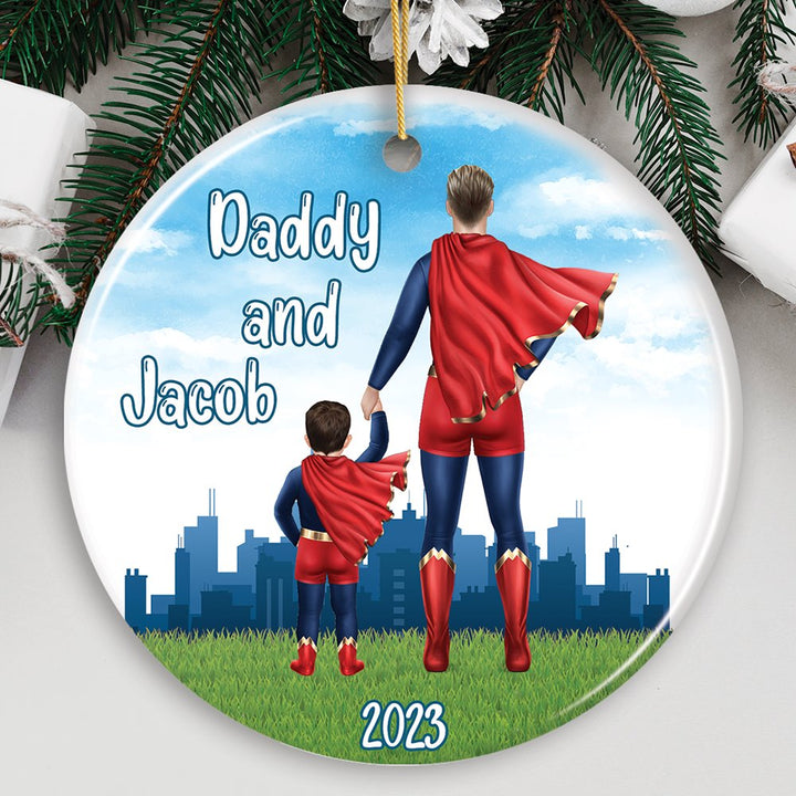 Dad and Son Personalized Superhero Ornament, A Father’s Little Boy Christmas Gift Ceramic Ornament OrnamentallyYou Circle 