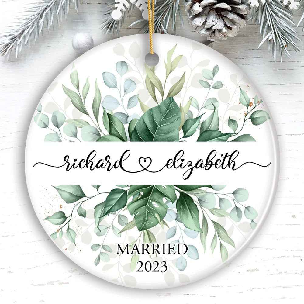 Elegant Personalized Wedding Ornament, Married or Engaged Couple Gift Ceramic Ornament OrnamentallyYou Circle 