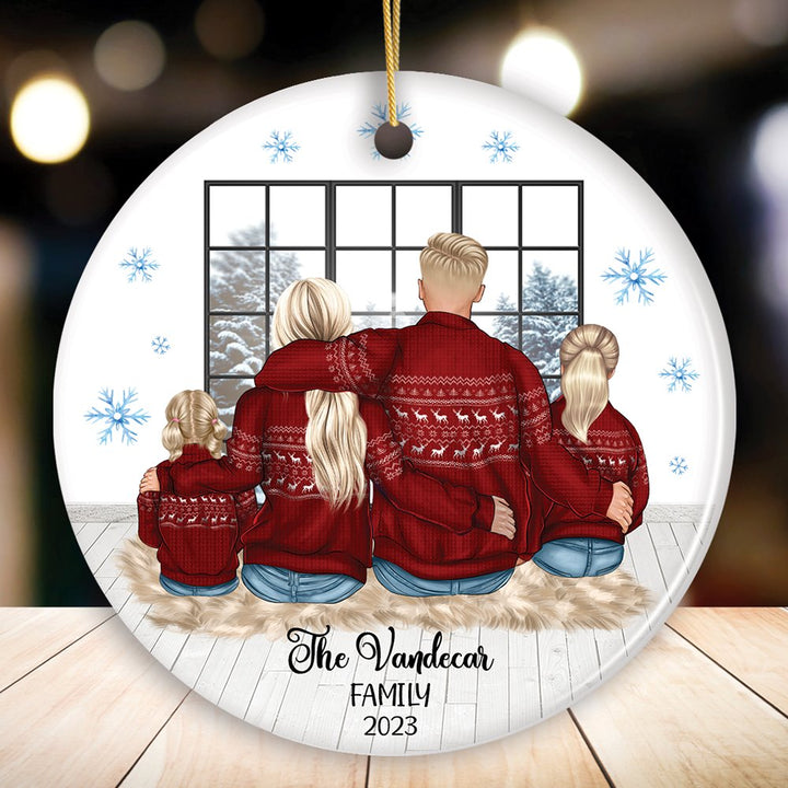 Family of Four Personalized Winter Theme Christmas Ornament Ceramic Ornament OrnamentallyYou Circle 