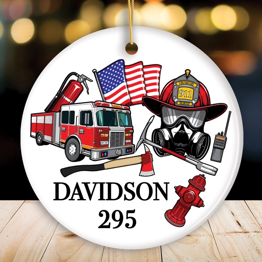 Firefighter Personalized Ornament, Fireman Christmas Appreciation Gift with Custom Name Ceramic Ornament OrnamentallyYou Circle 
