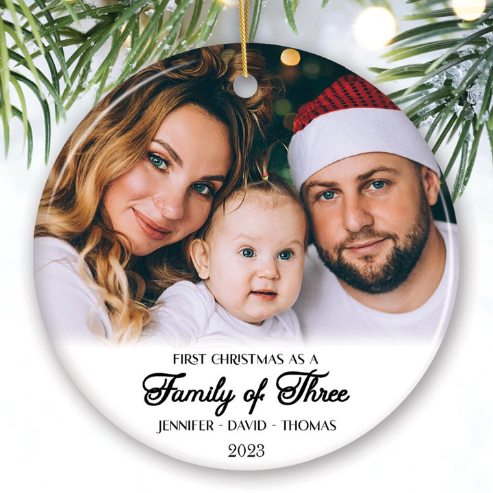 First Christmas Family of Three Personalized Photo Ornament, New Baby Portrait Gift Ceramic Ornament OrnamentallyYou Circle 
