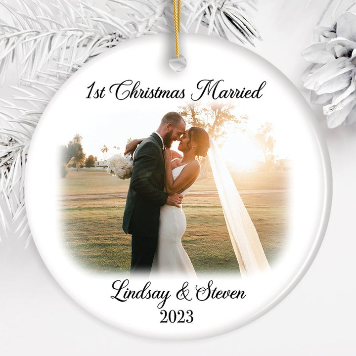 First Christmas Married Personalized Photo Ornaments, Mr And Mrs Wedding Gift Ceramic Ornament OrnamentallyYou Circle 
