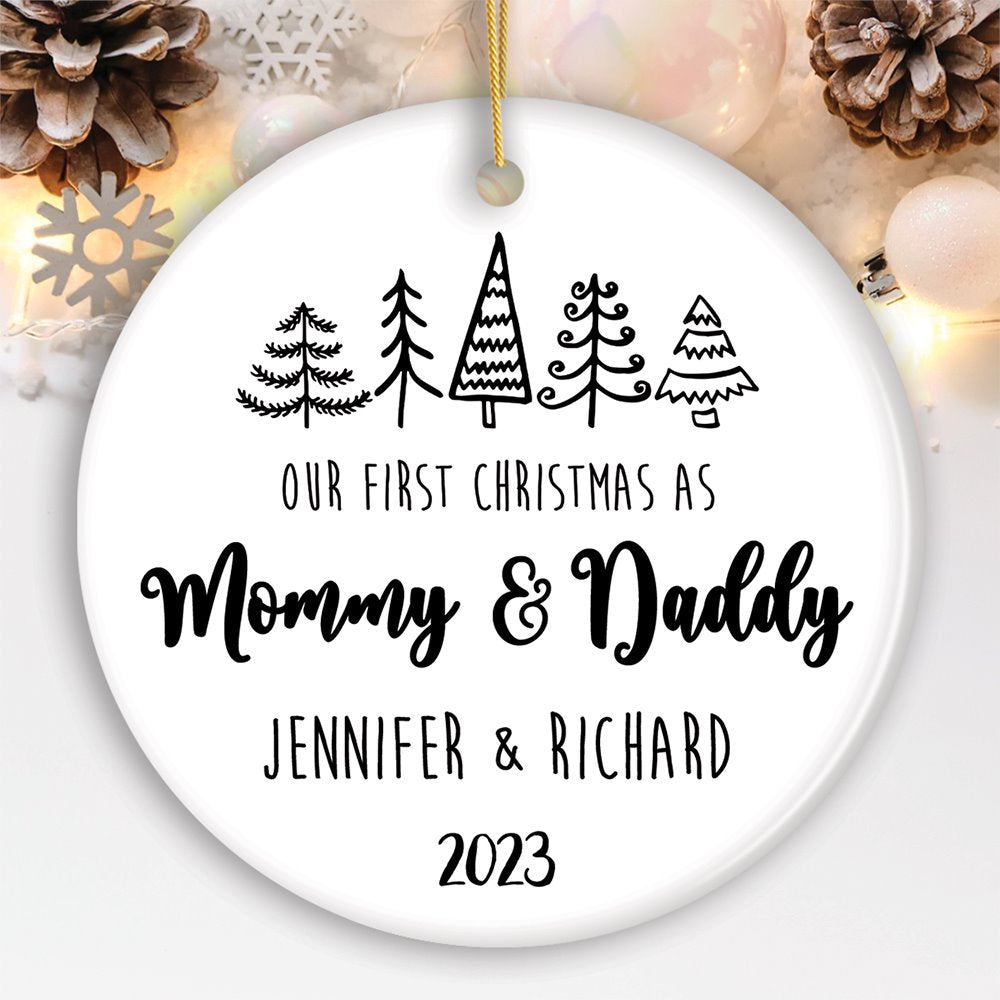 First Christmas as Mommy and Daddy Personalized Ornament, Keep Sake for Parents after First Born Baby Ceramic Ornament OrnamentallyYou Circle 