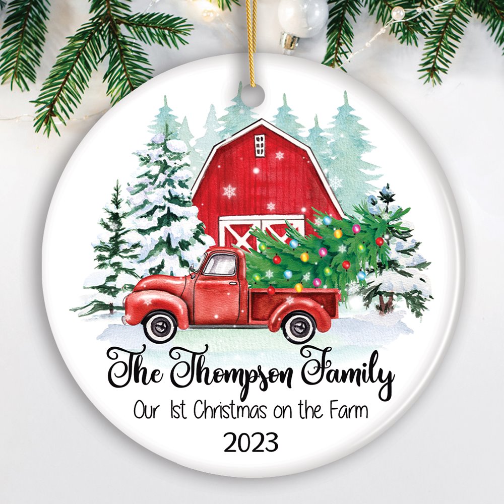 First Christmas on The Farm Personalized Ornament, Red Truck Housewarming Family Gift Ceramic Ornament OrnamentallyYou Circle 
