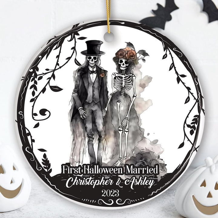 First Halloween Married Personalized Ornament, Mr And Mrs Skeleton Wedding Gift Ceramic Ornament OrnamentallyYou Circle 